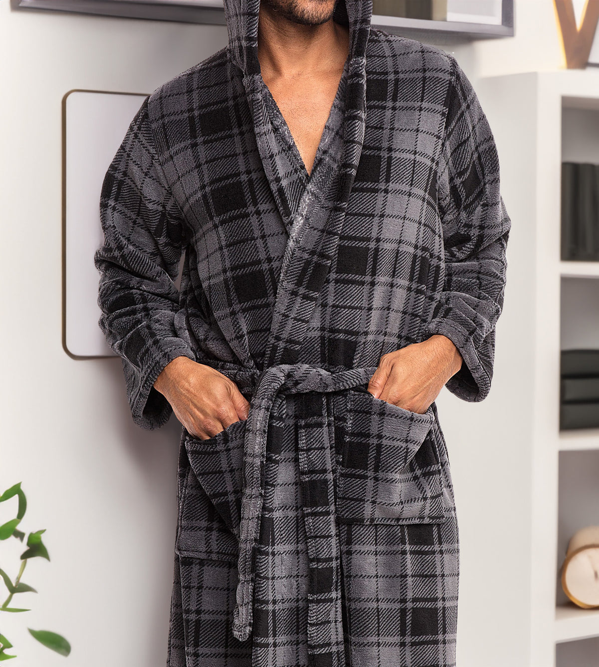Men's Gray Plaid Plush Fleece Hooded Bathrobe, Full Length Long Warm Lounge Robe with Hood