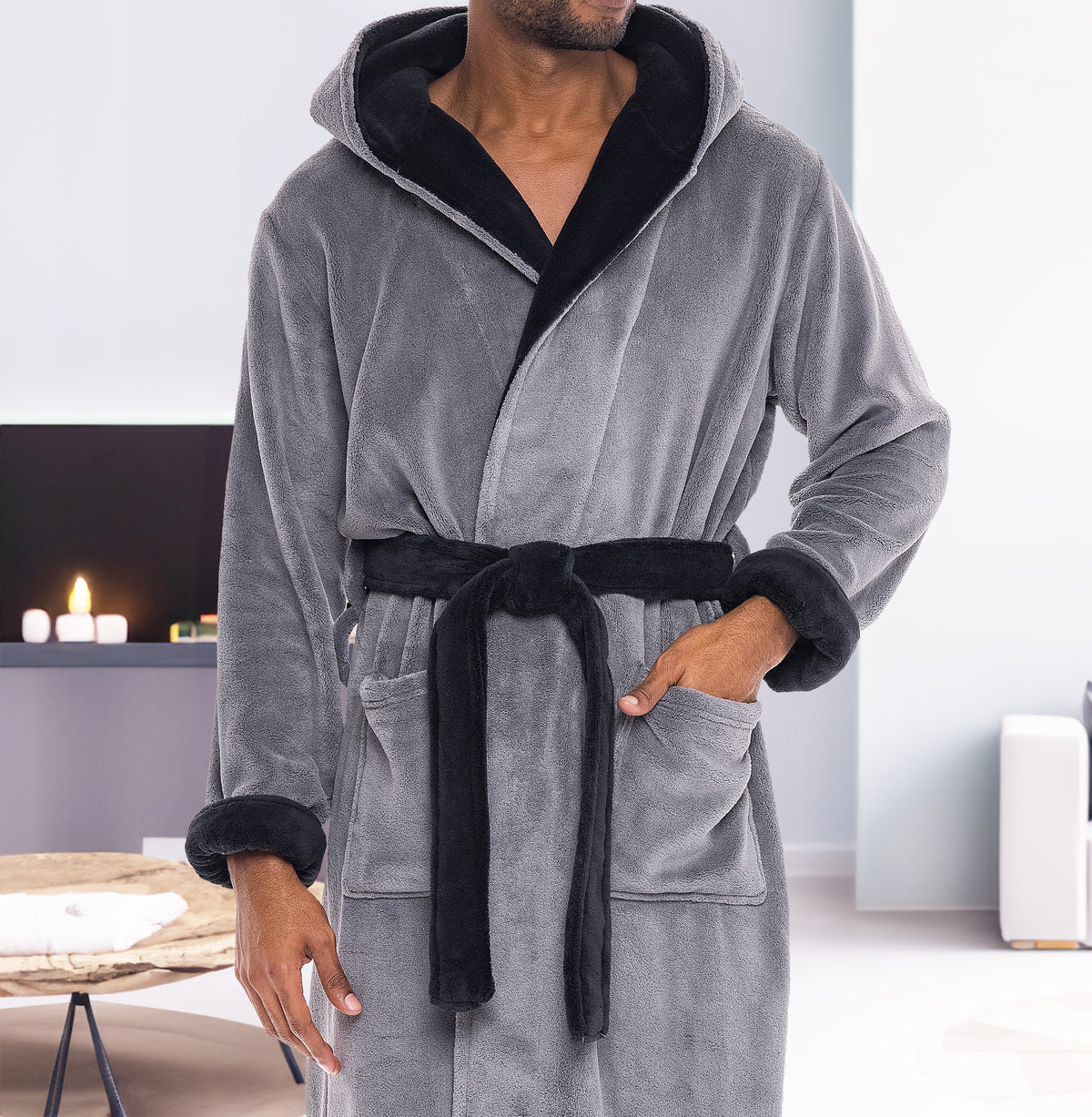 Men's Steel Gray with Black Plush Fleece Hooded Bathrobe, Full Length Long Warm Lounge Robe with Hood