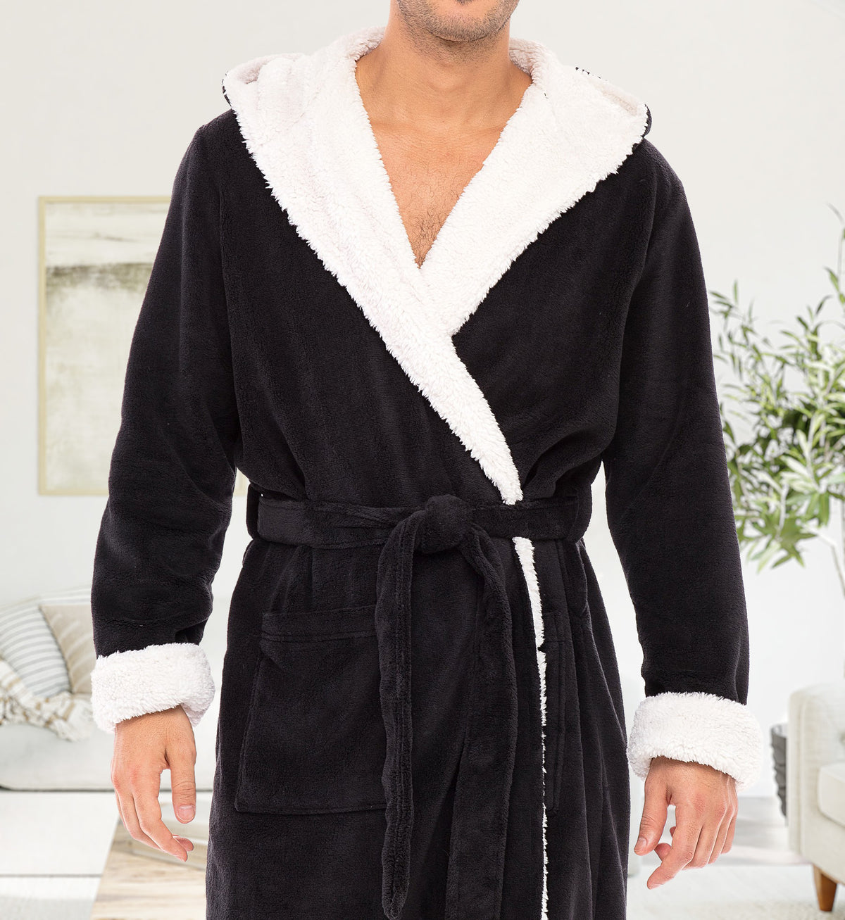 Men's Black with Cream Long Hooded Sherpa Robe, Hooded Big and Tall Plush Fleece Hoodie Bathrobe