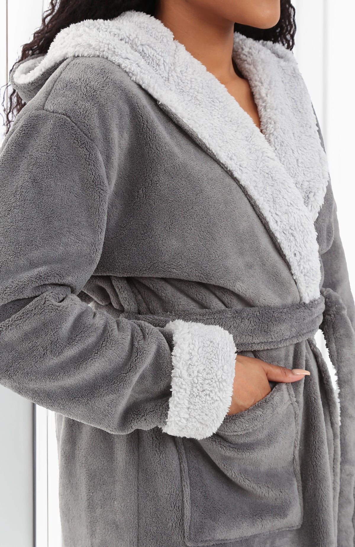 Women's Steel Gray with Light Gray Warm Fleece Sherpa Robe with Hood, Long Plush Hoodie Sherpa Bathrobe