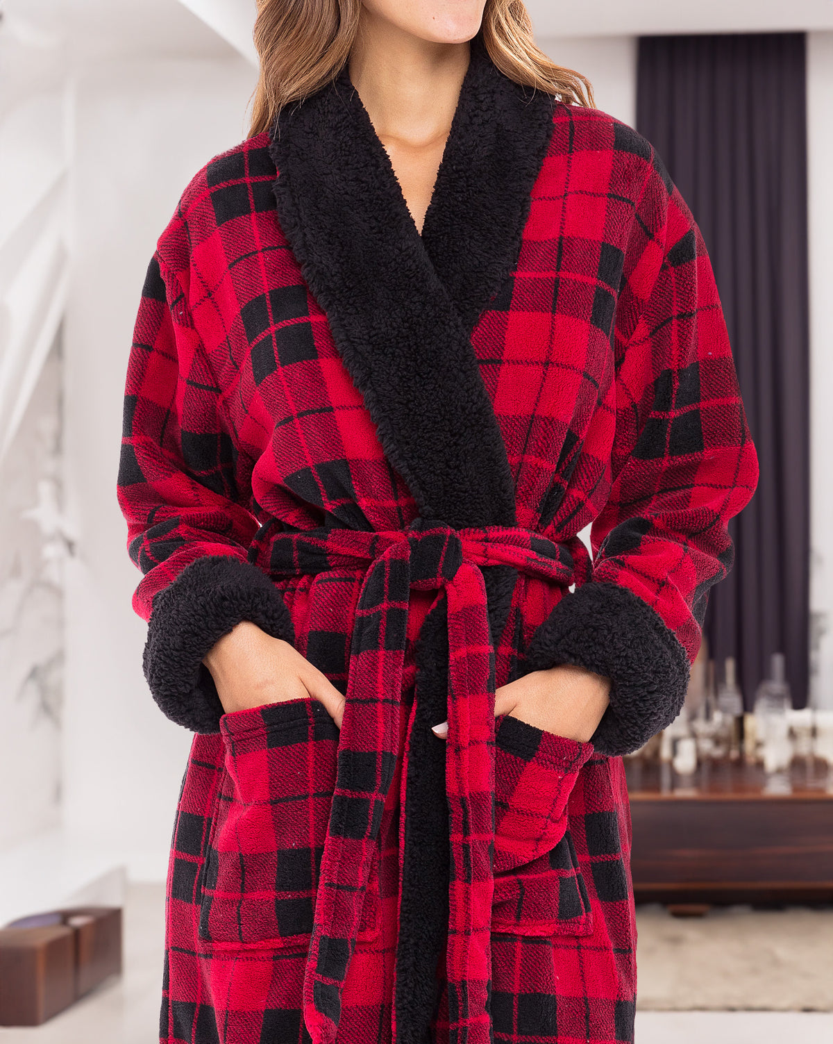 Women's Red Black Plaid with Black Plush Sherpa Robe, Long Cozy Warm Bathrobe
