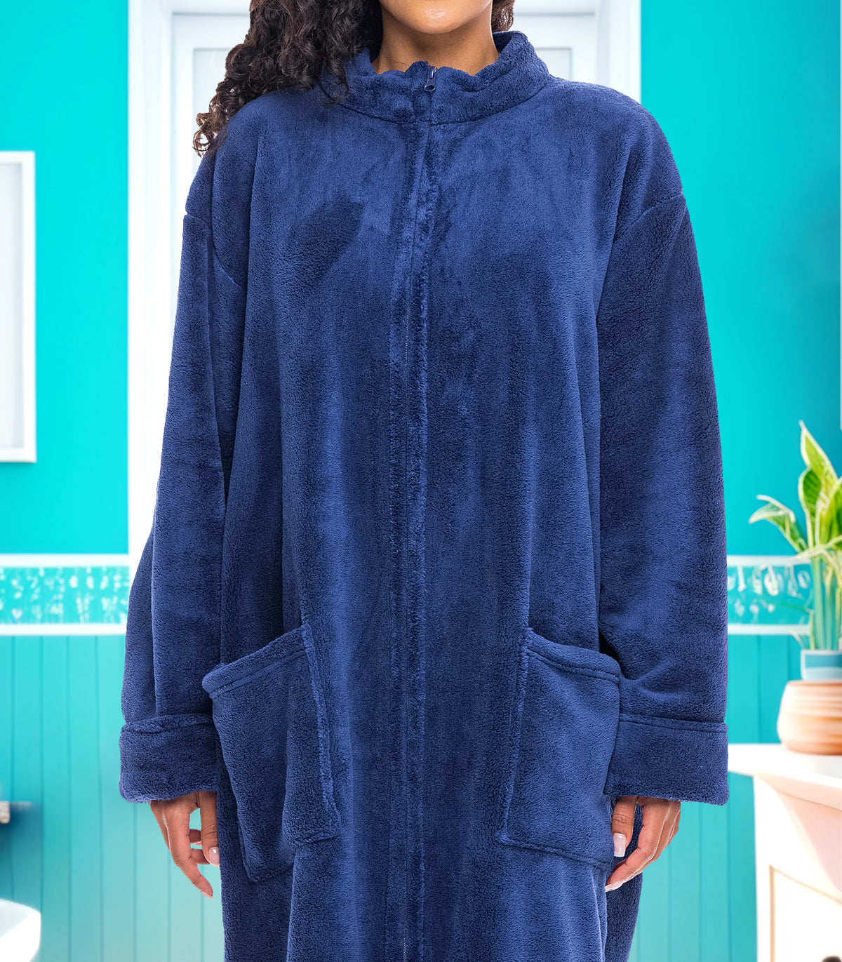 Women's Navy Blue Zip Up Plush Robe, Oversized Bathrobe with Two Way Zipper