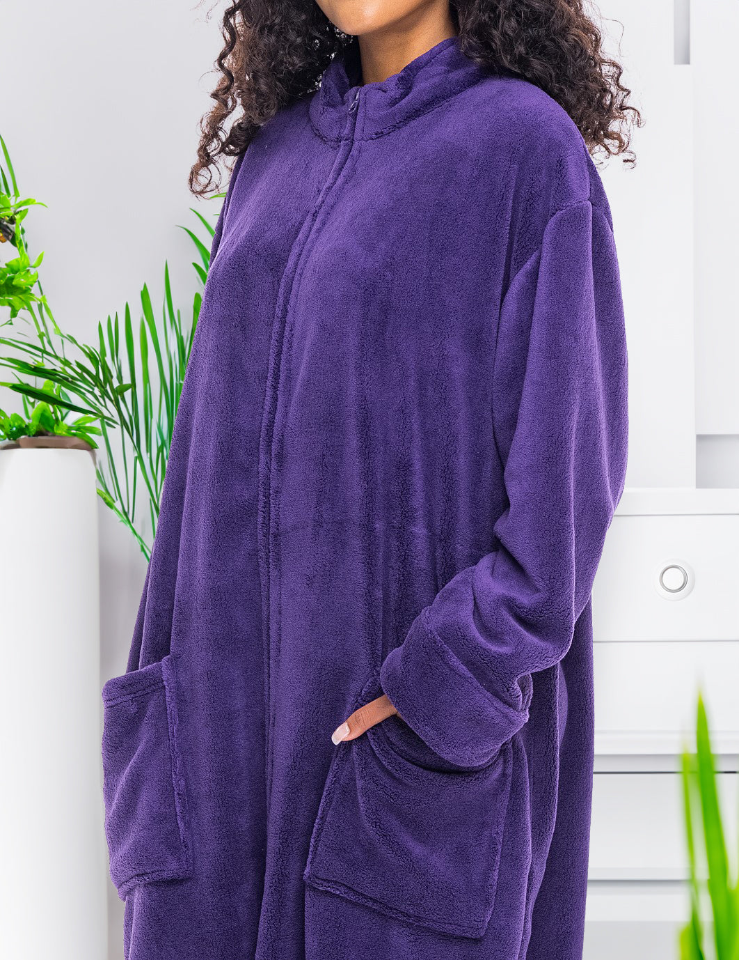 Women's Purple Zip Up Plush Robe, Oversized Bathrobe with Two Way Zipper