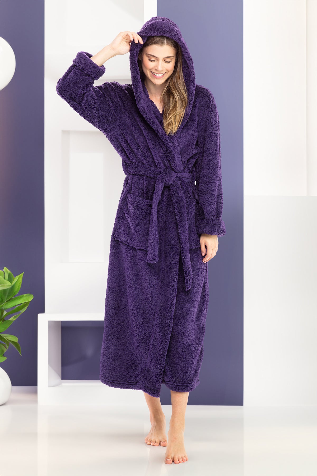 Women's Deep Purple Plush Fleece Hooded Robe, Shaggy Feather Long Bathrobe