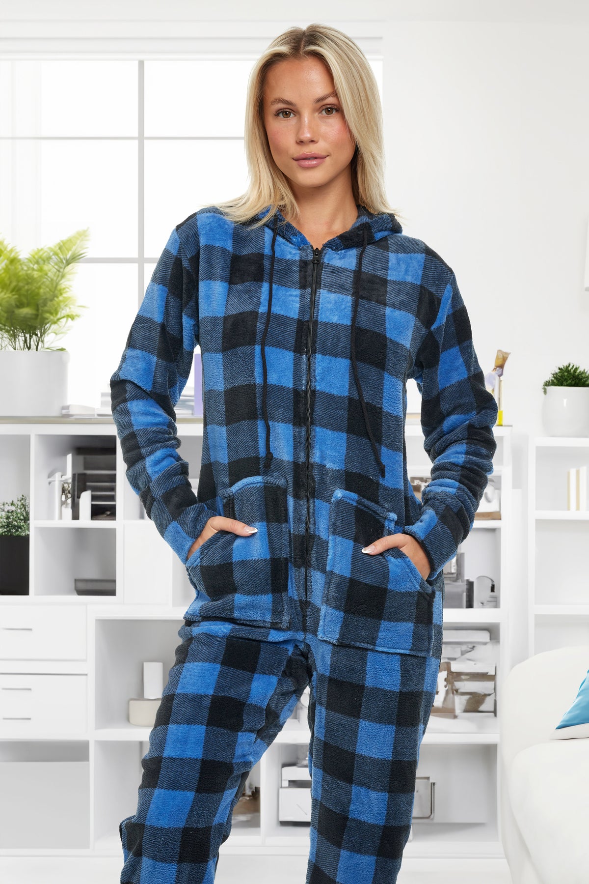 Women's Blue Buffalo Check Plaid Hooded Footed Pajamas, Plush Adult Onesie, Winter PJs with Hood