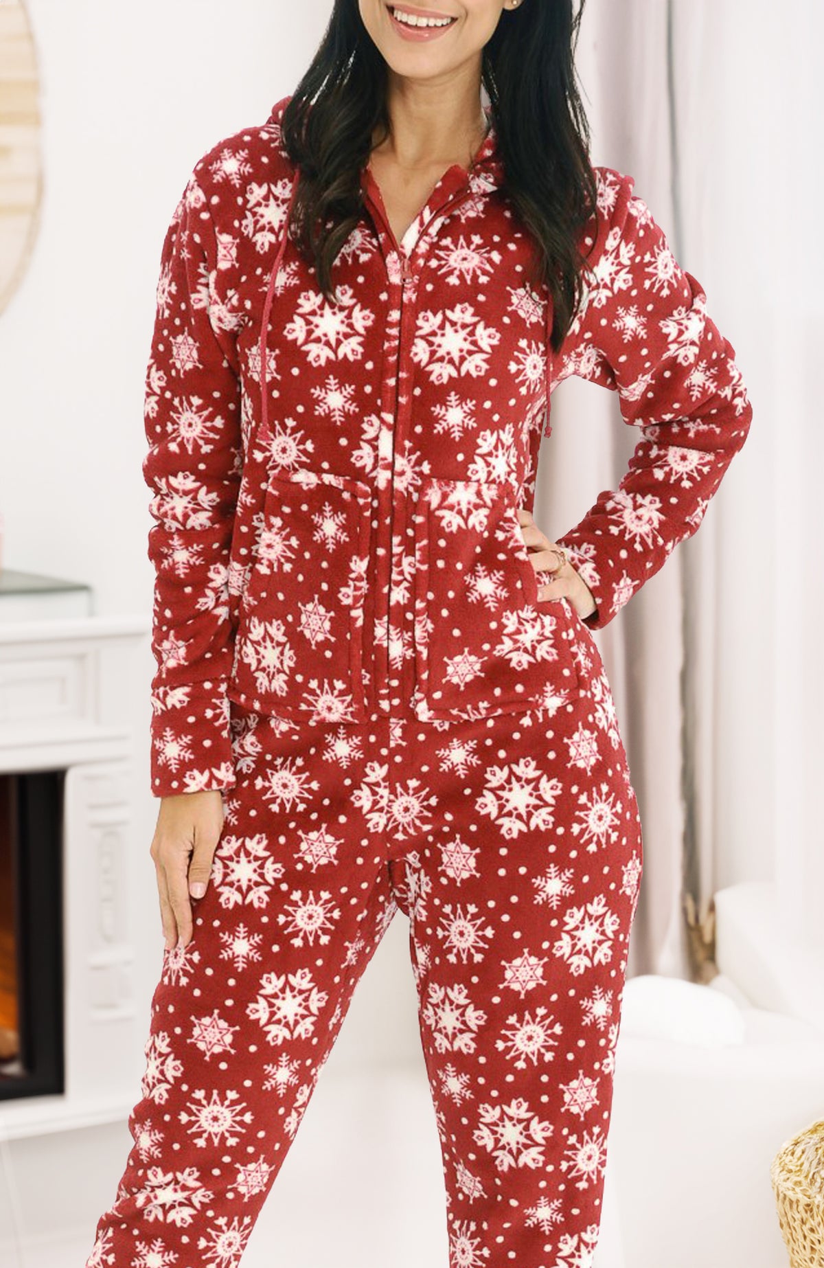 Women's Red Snowflake Hooded Footed Pajamas, Plush Adult Onesie, Winter PJs with Hood