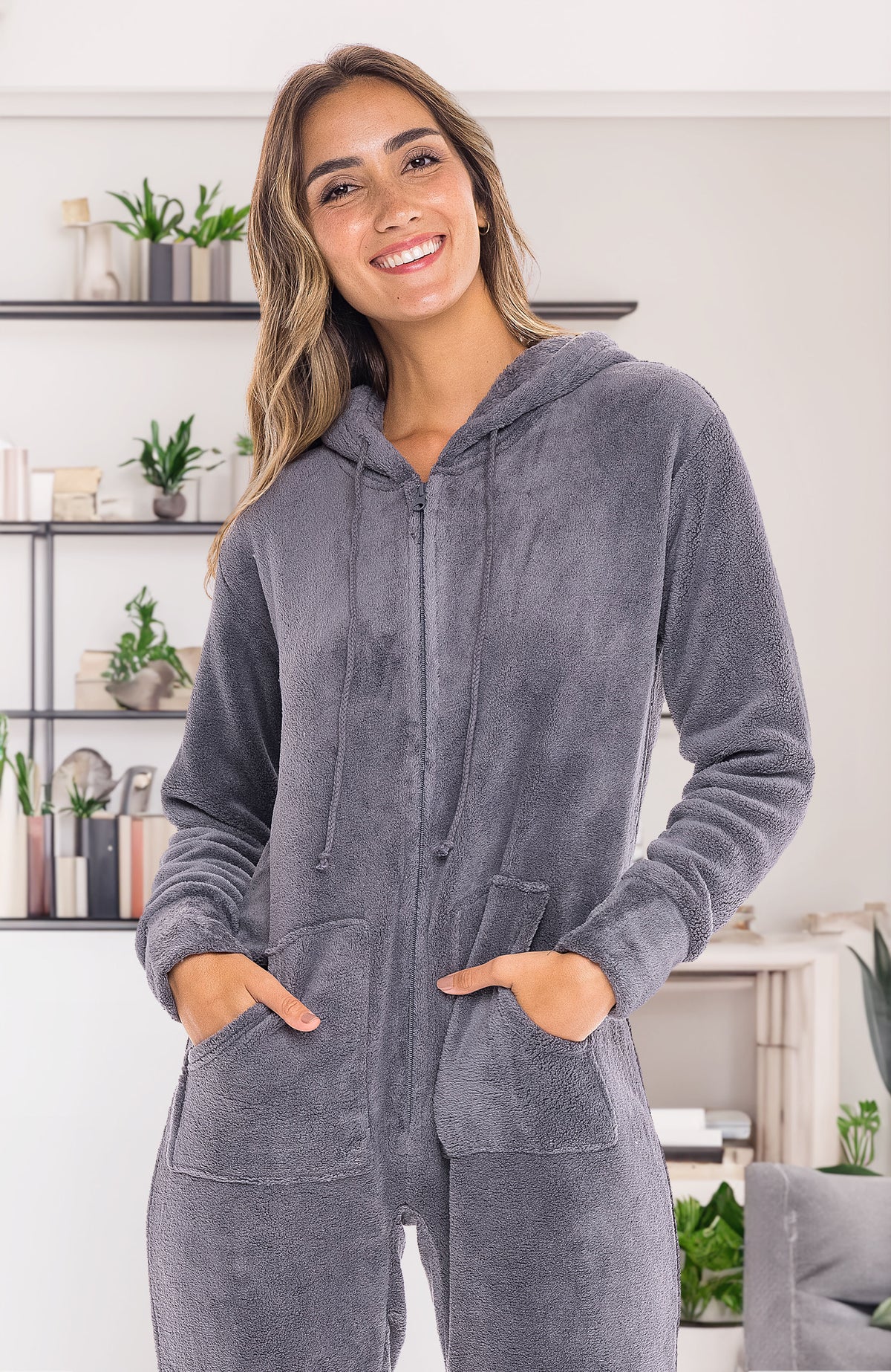 Women's Steel Gray Hooded Footed Pajamas, Plush Adult Onesie, Winter PJs with Hood