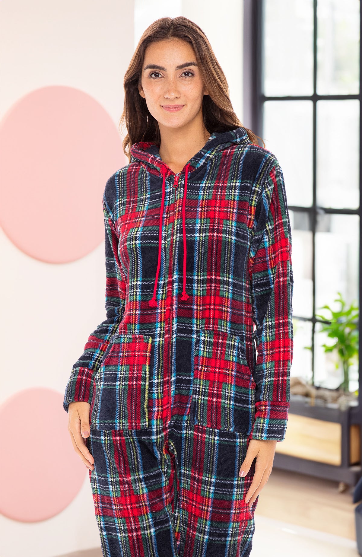 Women's Classic Tartan Plaid Blue Hooded Footed Pajamas, Plush Adult Onesie, Winter PJs with Hood