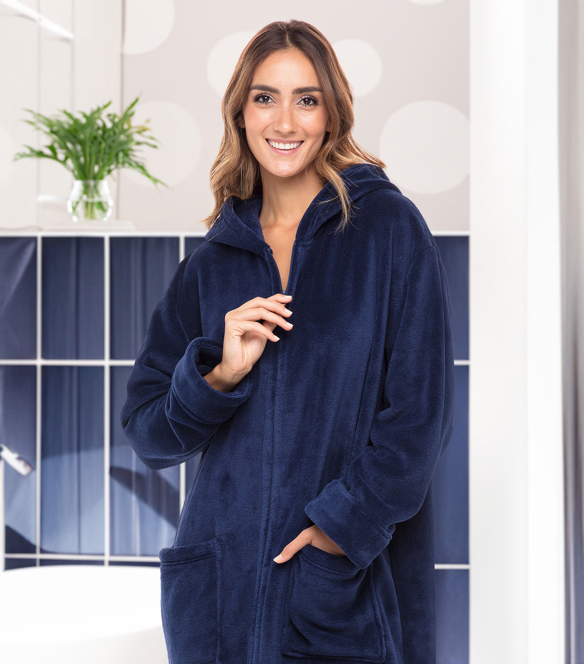 Women's Navy Blue Zip Up Fleece Robe with Hood, Oversized Hooded Bathrobe with Two Way Zipper