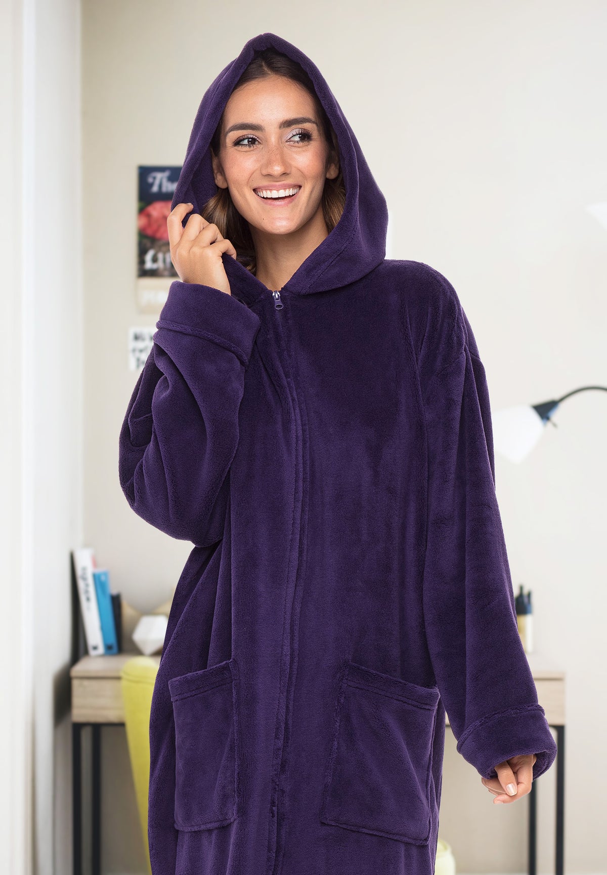 Women's Purple Zip Up Fleece Robe with Hood, Oversized Hooded Bathrobe with Two Way Zipper