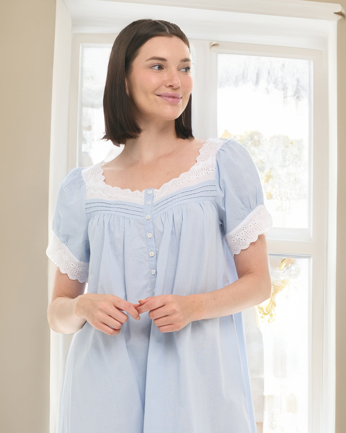Women's Light Blue Cotton Victorian Nightgown, Amelia Short Sleeve Lace Trimmed Button Up Long Night Dress