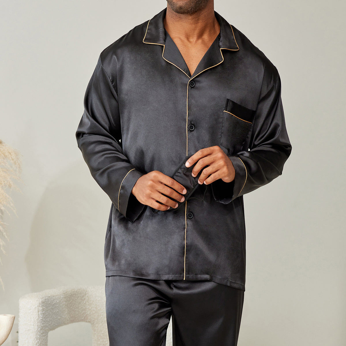 Men's Black with Gold Piping Classic Satin Pajamas with Pockets, PJ and Matching Sleep Mask