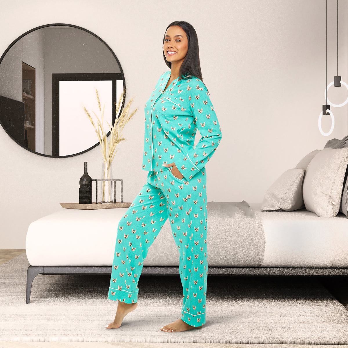 Womens Aqua Cats Long Sleeve Knit Pajamas