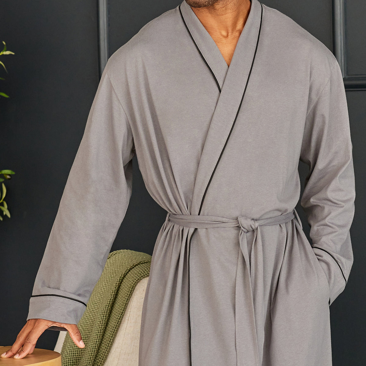 Mens Steel Gray - 5 ft 5 in & Taller Long Knit Lounge Robe with Pockets
