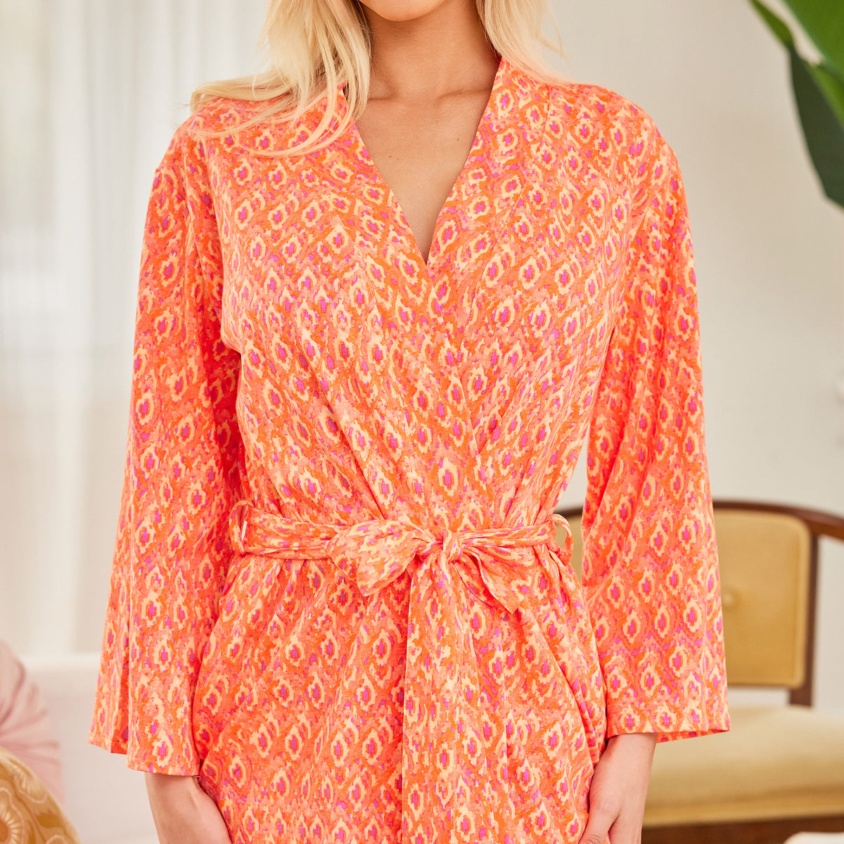 Womens Ikat Batik Marmelade Knit Robe with Pockets