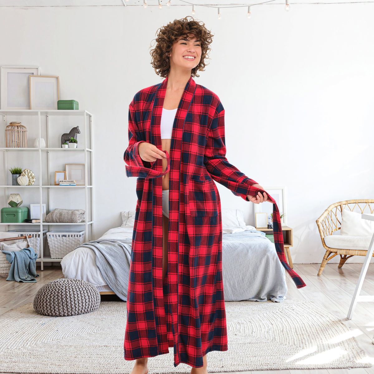 Women's Red and Navy Plaid Lightweight Fleece Robe – Long Sleeve, Calf Length with Pockets