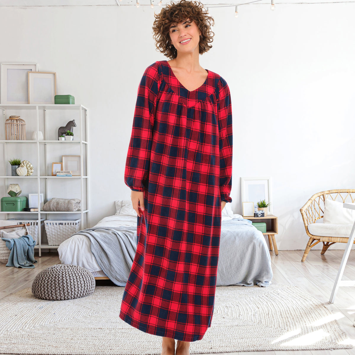 Women's Red and Navy Plaid Polar Fleece Nightgown, Sleep Dress, Long Sleep Shirt