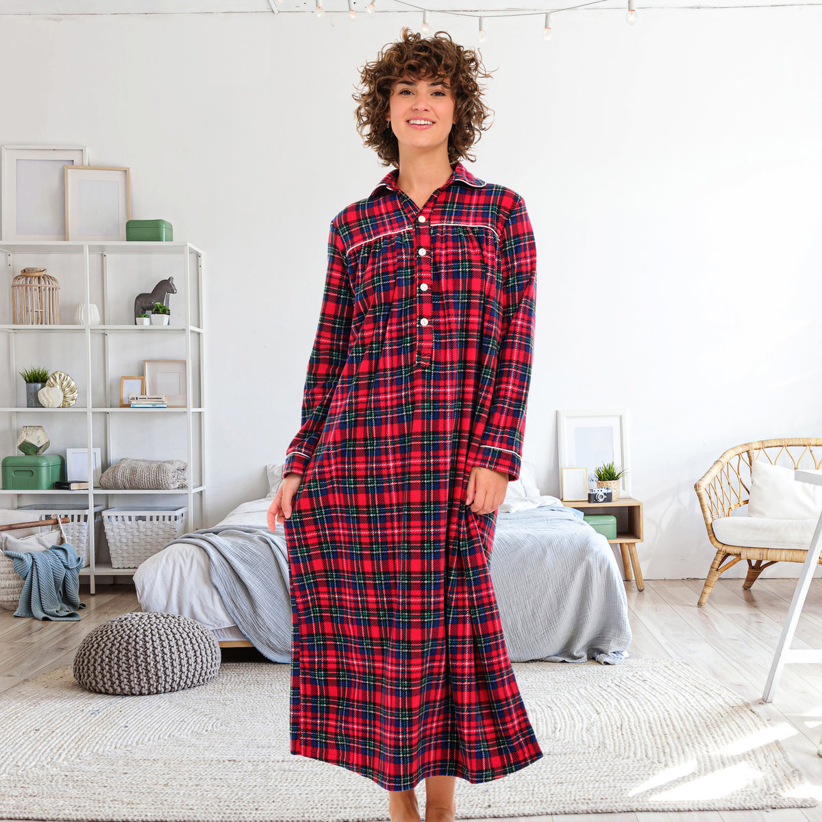 Women's Christmas Plaid Polar Fleece Nightgown, Long Button Up Sleep Shirt