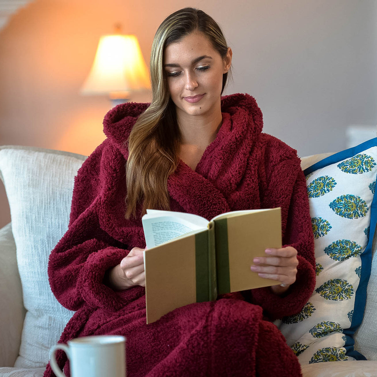 Women's Light Blue Plush Fleece Hooded Robe, Shaggy Feather Long Bathrobe