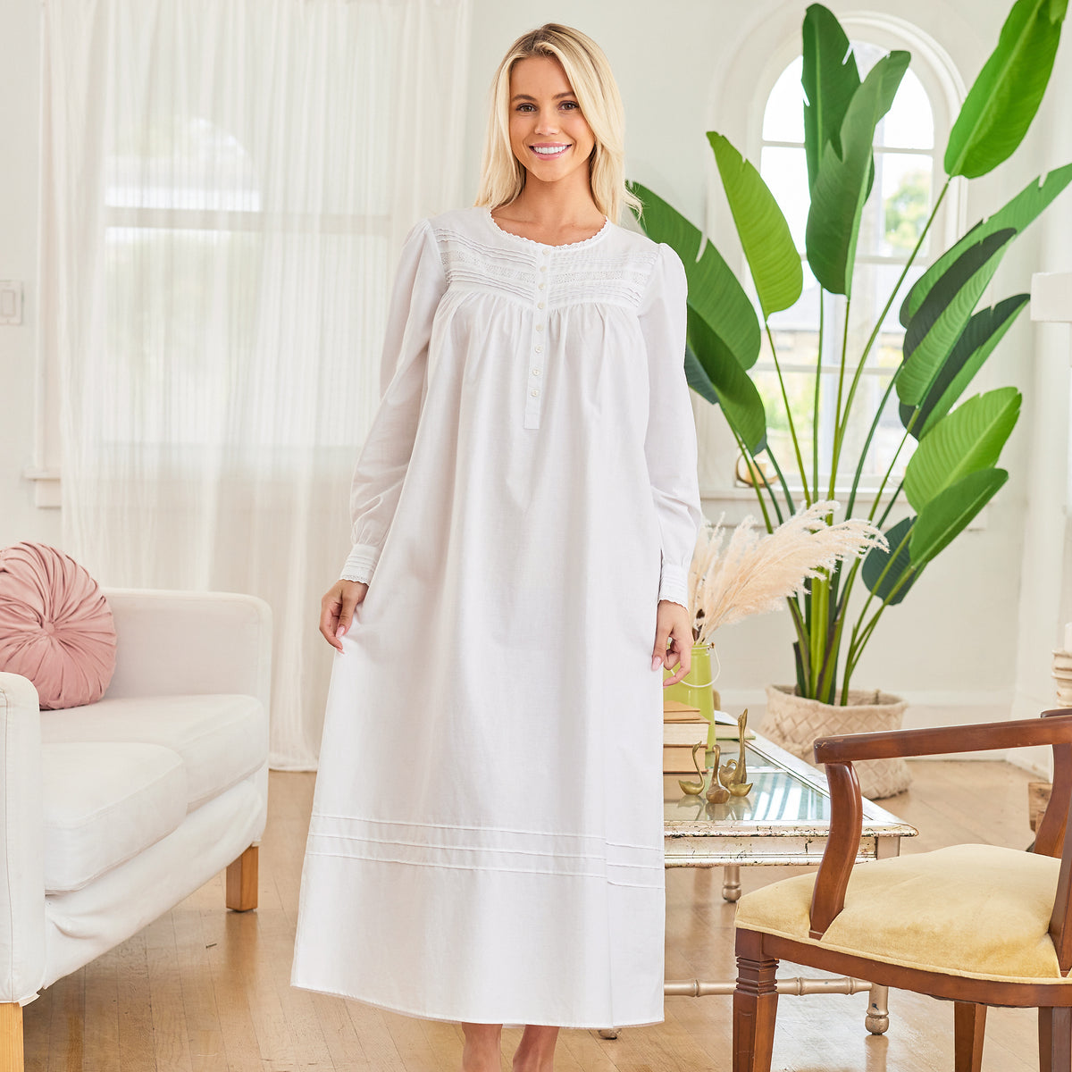 Women's White Cotton Victorian Nightgown with Pockets, Emily Long Sleeve Lace Trimmed Button Up Long Night Dress