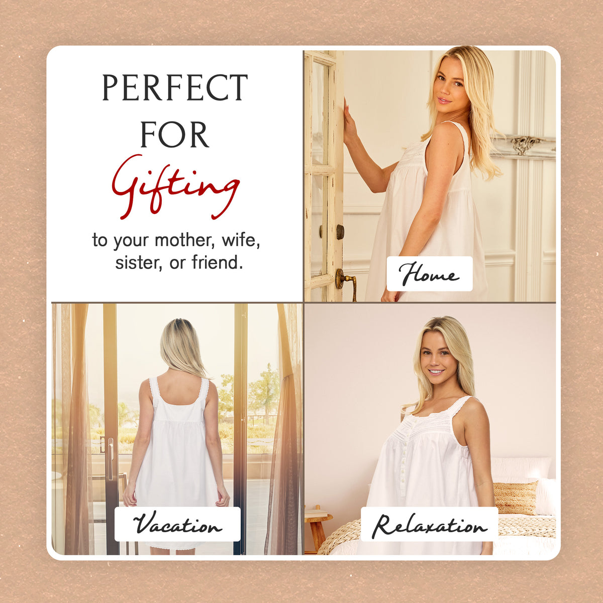 Women's White Cotton Victorian Nightgown, Maria Sleeveless Lace Trimmed Button Up Short Night Dress