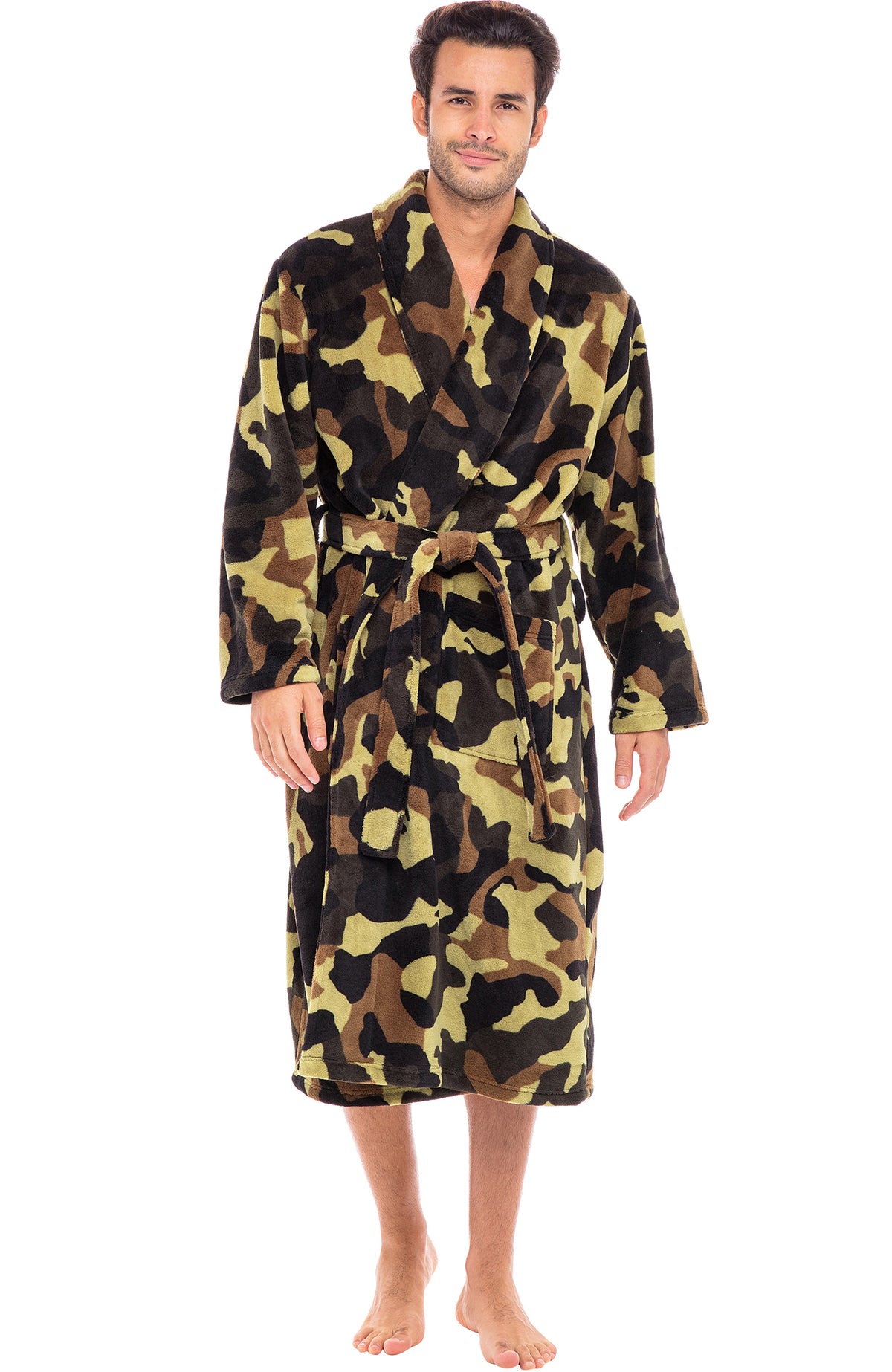 Men's Green Camouflage Classic Winter Robe, Plush Fleece Bathrobe