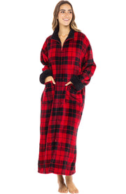 Women's Red Black Plaid with Black Zip Up Plush Robe, Oversized Bathrobe with Two Way Zipper