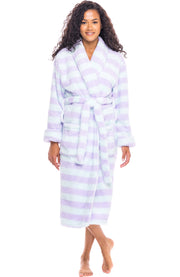 Women's Purple Pastel Stripes Plush Fleece Robe, Shaggy Feather Bathrobe