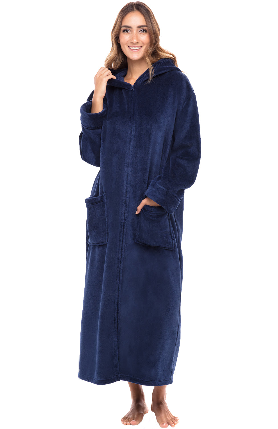 Women's Navy Blue Zip Up Fleece Robe with Hood, Oversized Hooded Bathrobe with Two Way Zipper