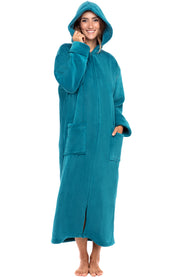 Women's Turquoise Zip Up Fleece Robe with Hood, Oversized Hooded Bathrobe with Two Way Zipper