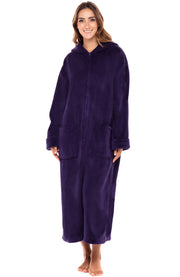 Women's Purple Zip Up Fleece Robe with Hood, Oversized Hooded Bathrobe with Two Way Zipper