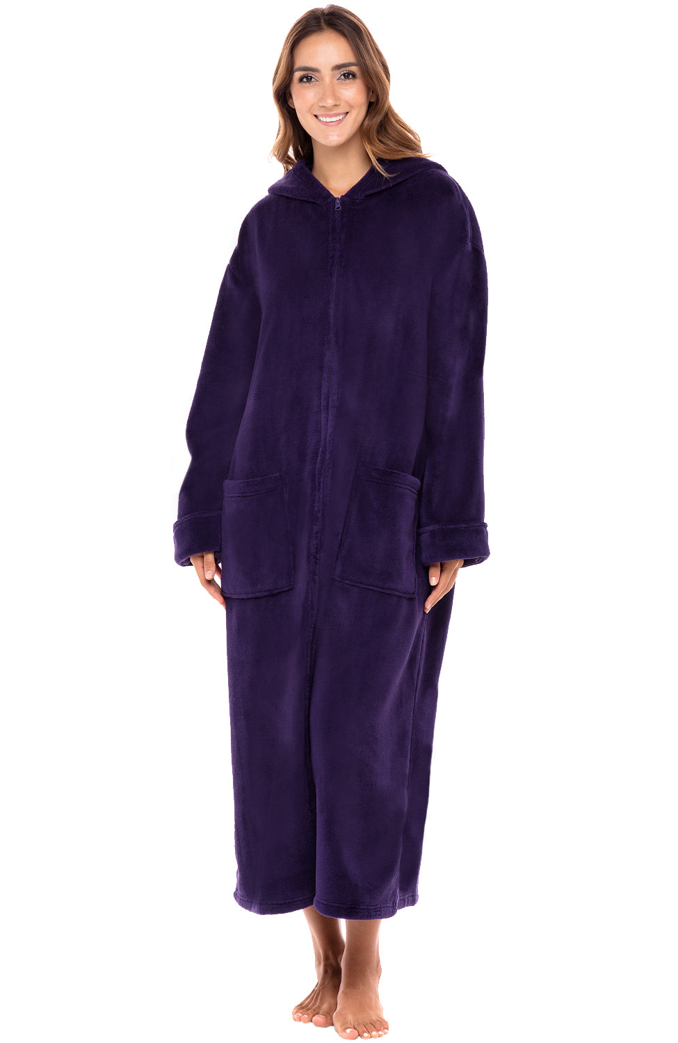 Women's Purple Zip Up Fleece Robe with Hood, Oversized Hooded Bathrobe with Two Way Zipper