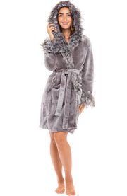 Women's Gray with Gray Wolf Plush Fleece Robe with Faux Fur Accents, Short Bathrobe