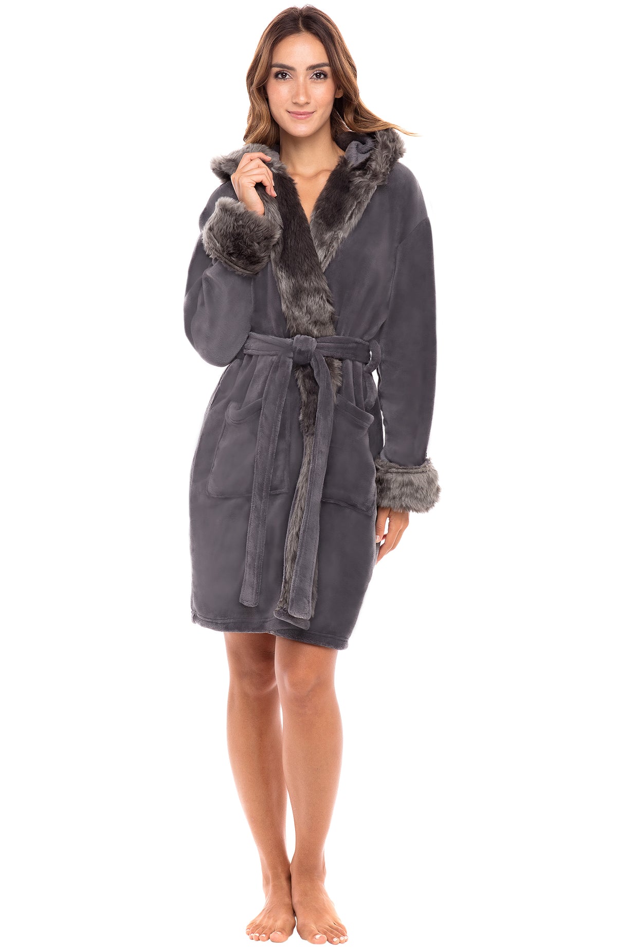 Women's Steel Gray Plush Fleece Robe with Faux Fur Accents, Short Bathrobe