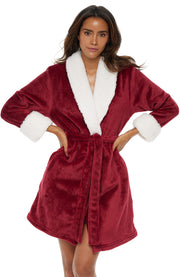 Women's Burgundy Classic Plush Robe, Short Fleece Bathrobe Solids