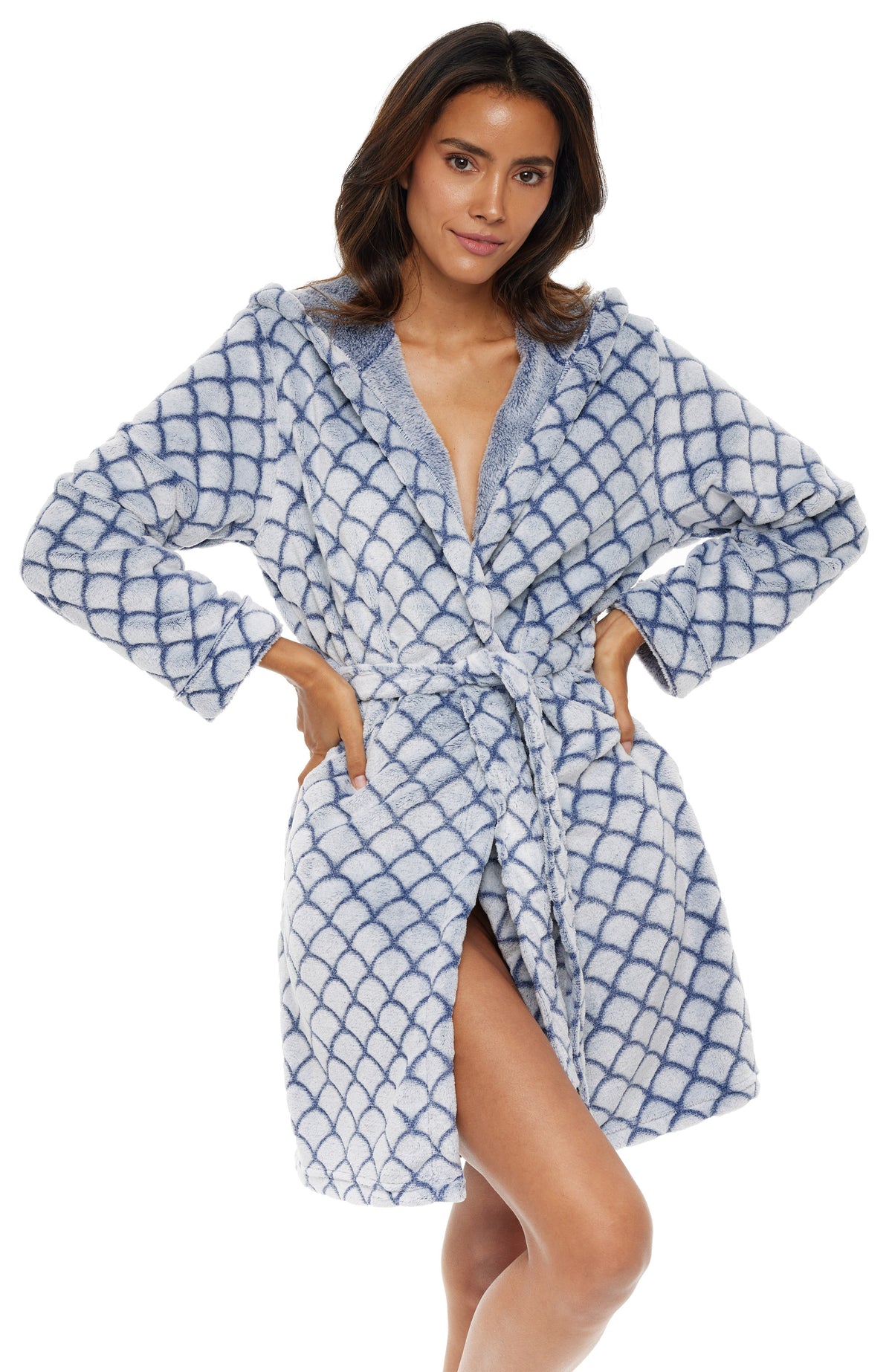 Women's Scallop Texture Navy Blue Warm Soft Plush Fleece Bathrobe with Hood, Knee Length Hooded Robe