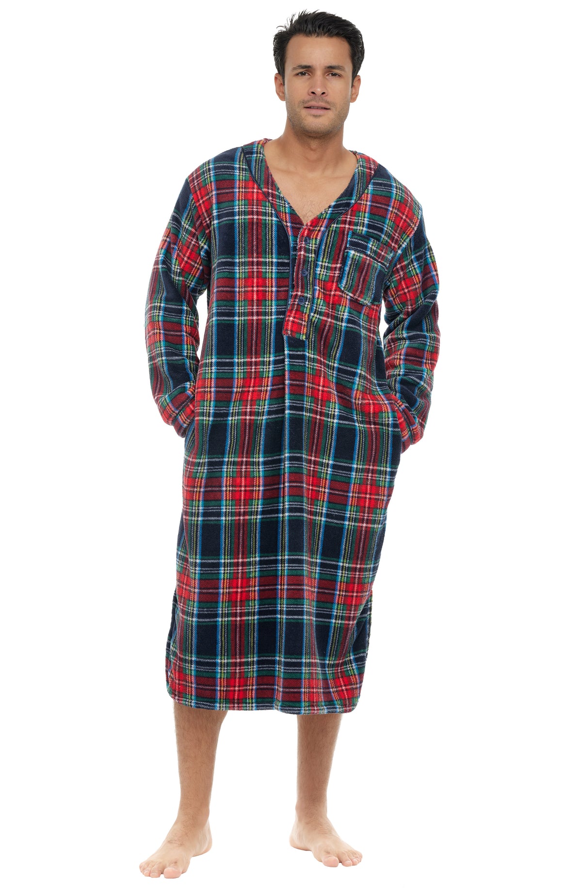 Men's Classic Tartan Plaid Blue Plush Sleep Shirt, Fleece Nightshirt Pajamas Shirt