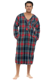 Men's Classic Tartan Plaid Blue Plush Sleep Shirt, Fleece Nightshirt Pajamas Shirt