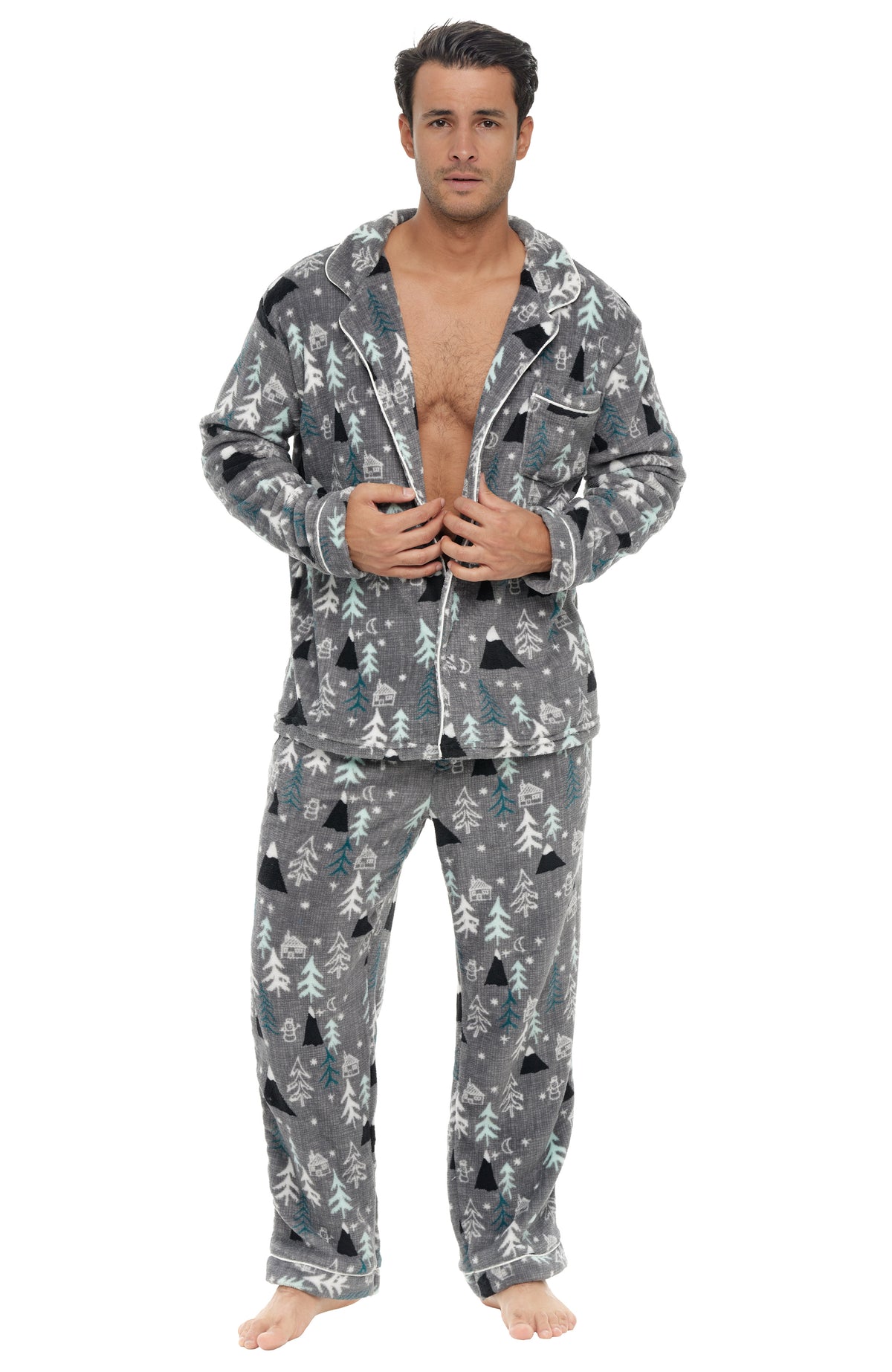 Men's Winter Wonderland Plush Fleece Pajamas Set, Button Down PJs for Winter