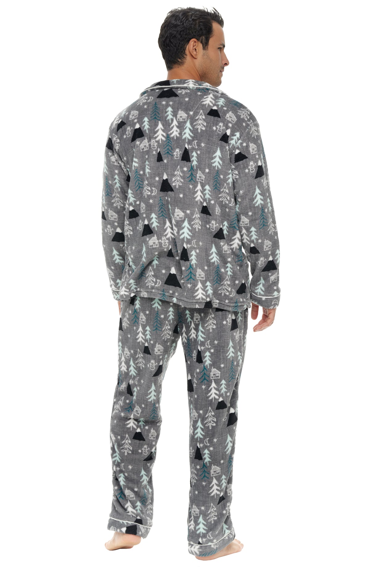 Men's Winter Wonderland Plush Fleece Pajamas Set, Button Down PJs for Winter