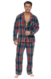 Men's Classic Tartan Plaid Blue Plush Fleece Pajamas Set, Button Down PJs for Winter