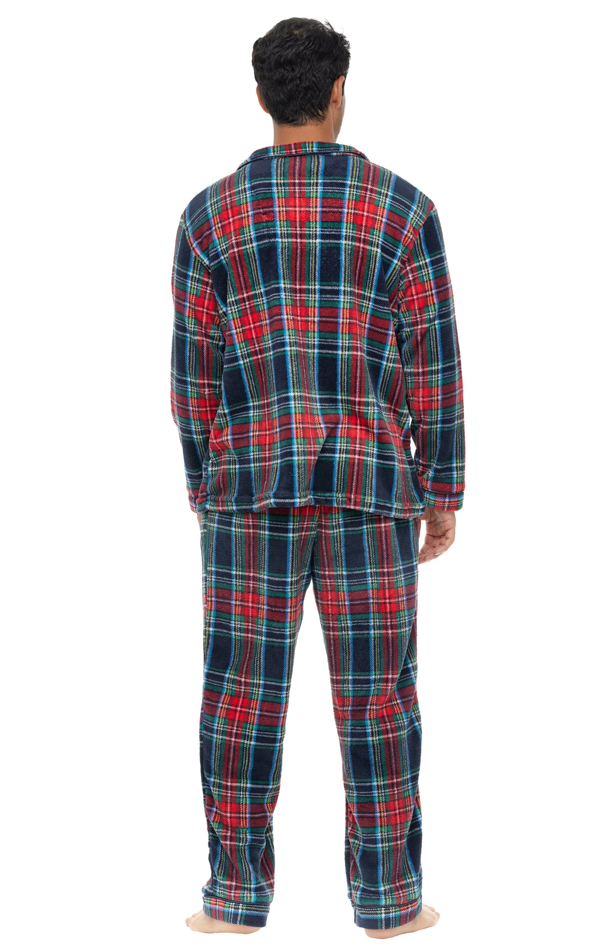 Men's Classic Tartan Plaid Blue Plush Fleece Pajamas Set, Button Down PJs for Winter