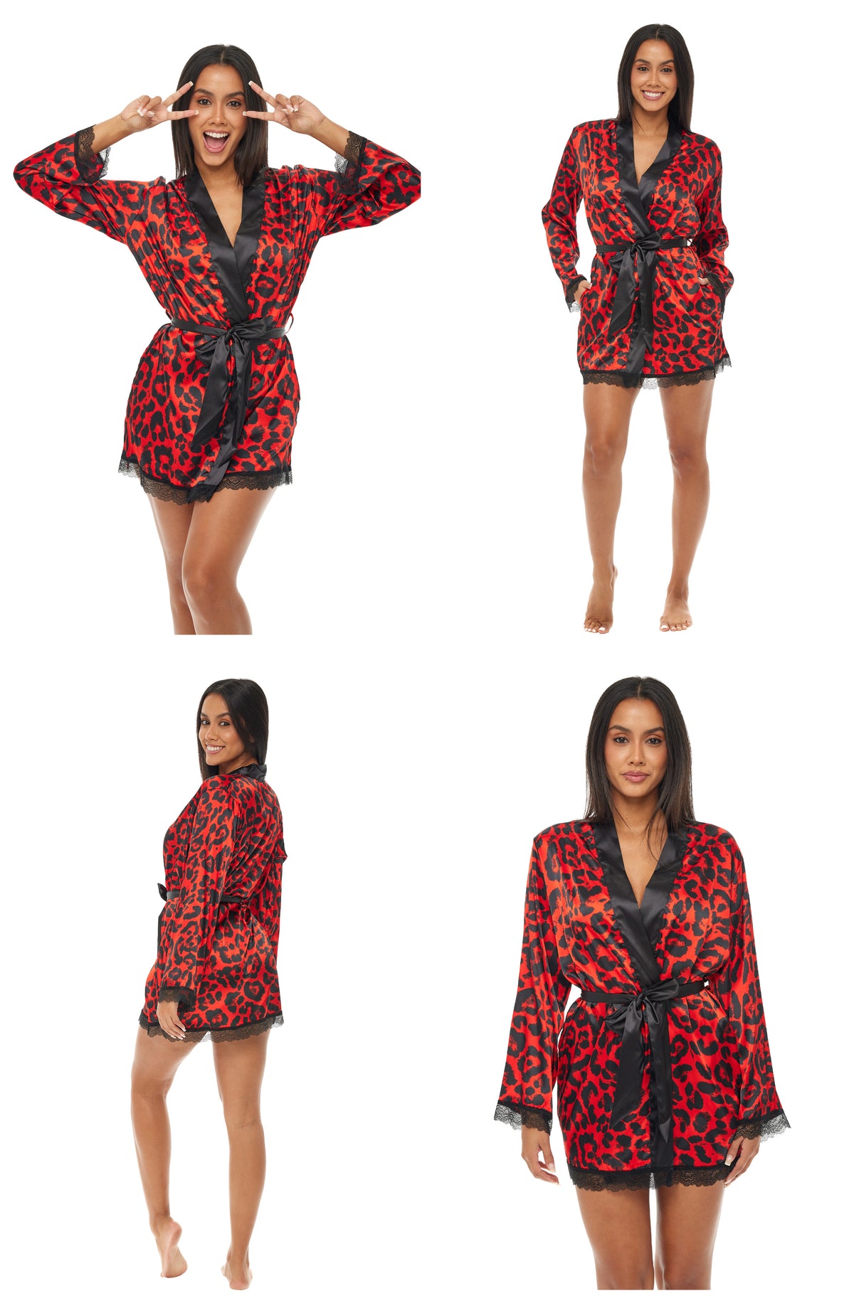 Women's Red Leopard Print Robe, Knee Length, Satin, Lace Trim