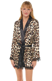 Women's Large Leopard Print Leopard Print Robe, Knee Length, Satin, Lace Trim