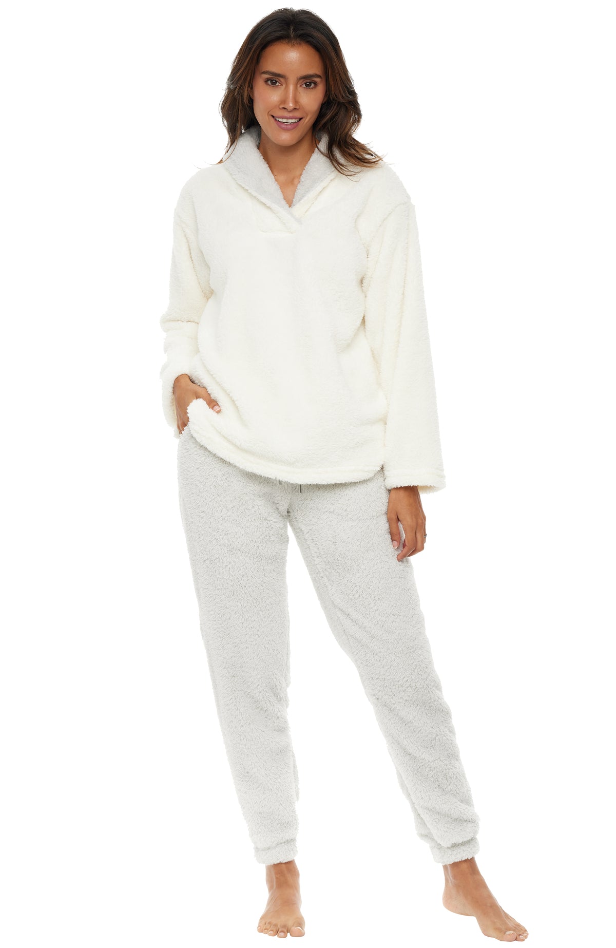 Women's Light Gray Plush, Oversized Fleece Pajamas Set, Joggers with Pockets, Drawstring and Elastic Waist