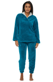 Women's Turquoise Plush, Oversized Fleece Pajamas Set, Joggers with Pockets, Drawstring and Elastic Waist