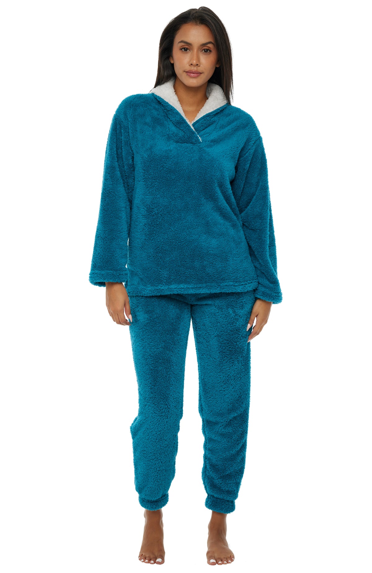 Women's Turquoise Plush, Oversized Fleece Pajamas Set, Joggers with Pockets, Drawstring and Elastic Waist