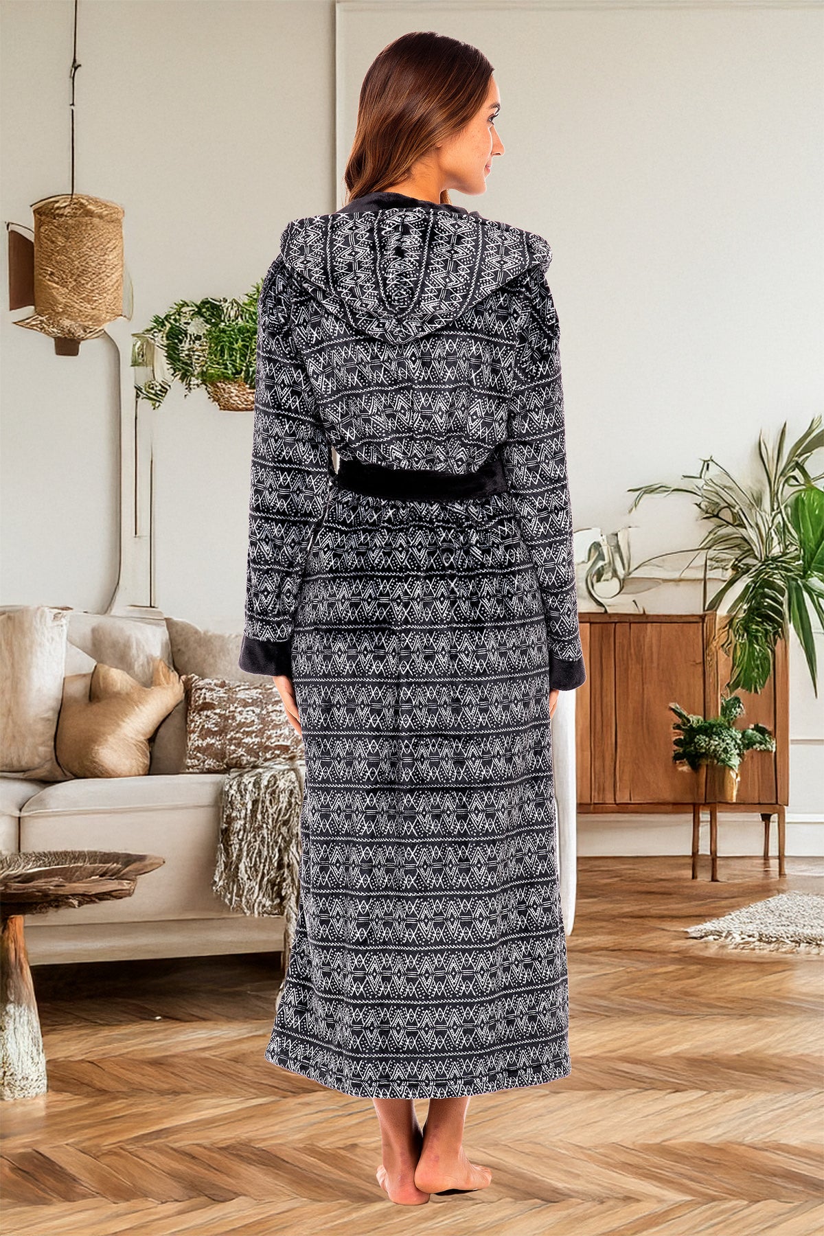 Moroccan Pattern Plush Fleece Robe for Women, Long Hooded Bathrobe with Hood, Plus Size