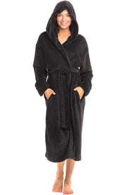 Women's Raven Black Plush Fleece Robe with Hood, Lightweight Hooded Bathrobe with Pockets