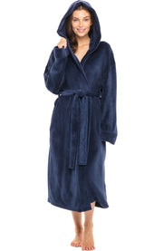 Women's Navy Blue Plush Fleece Robe with Hood, Lightweight Hooded Bathrobe with Pockets